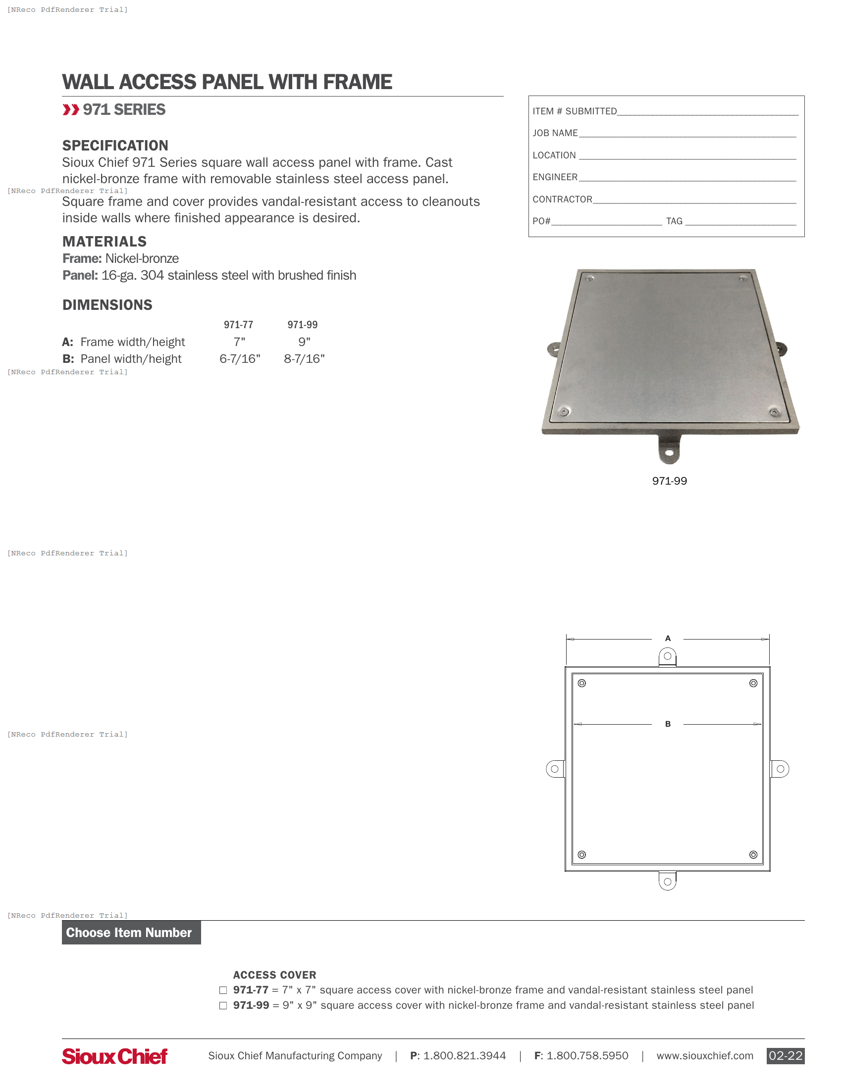 971 SERIES - WALL ACCESS PANEL WITH FRAME - SPEC SHEET.PDF Specification Document